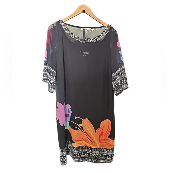 Soft Surroundings Sz Large Black Floral Hibiscus Shift Dress - Picture 2 of 6
